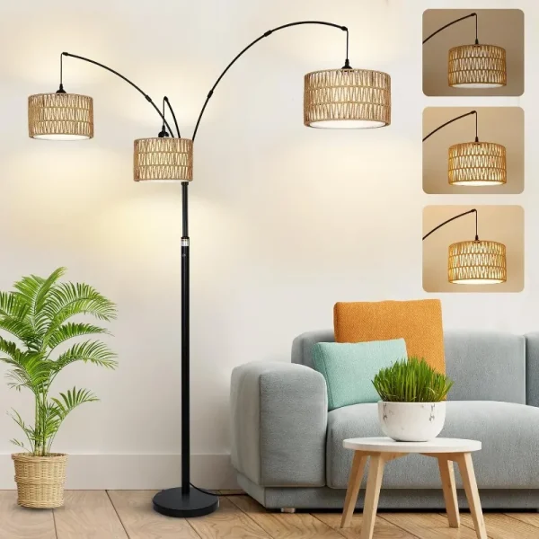 Dimmable Black Arc Floor Lamps with Rattan Shades