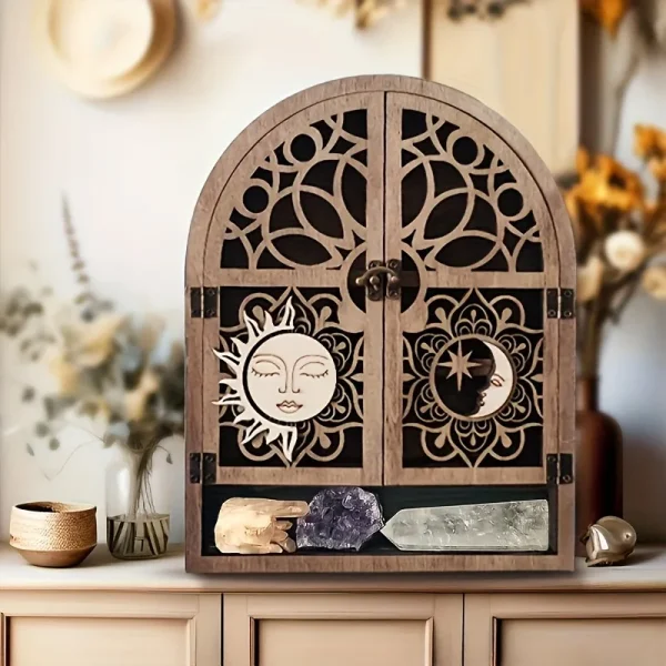 Vintage Wooden Floating Shelves With Sun And Moon Design