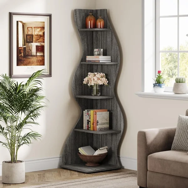 Wavy Corner Shelf, Modern 5-Tier Bookshelf Bookcase